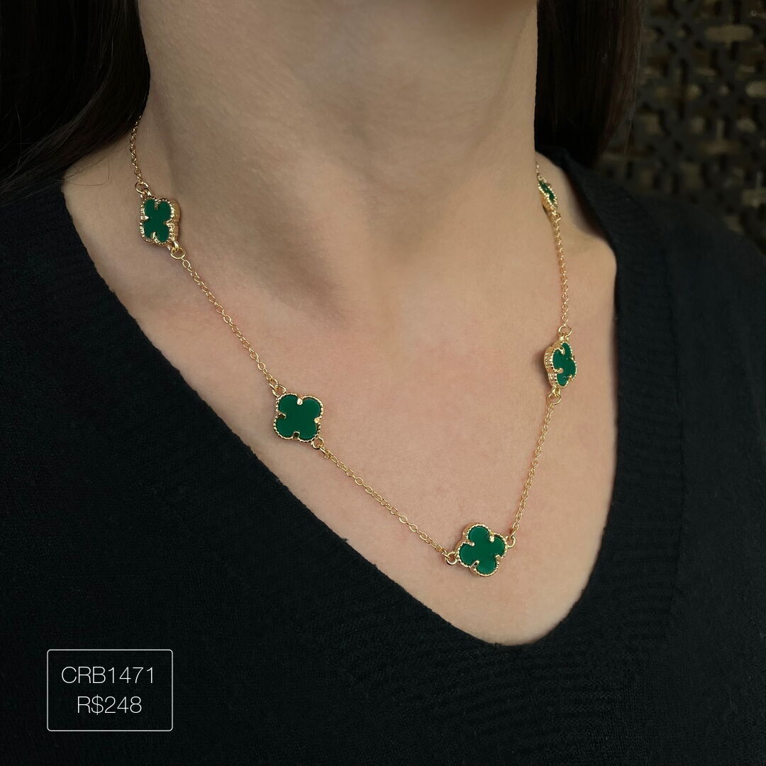 Colar V@n Cleef c/ 5 Pingente P Verde Dourado